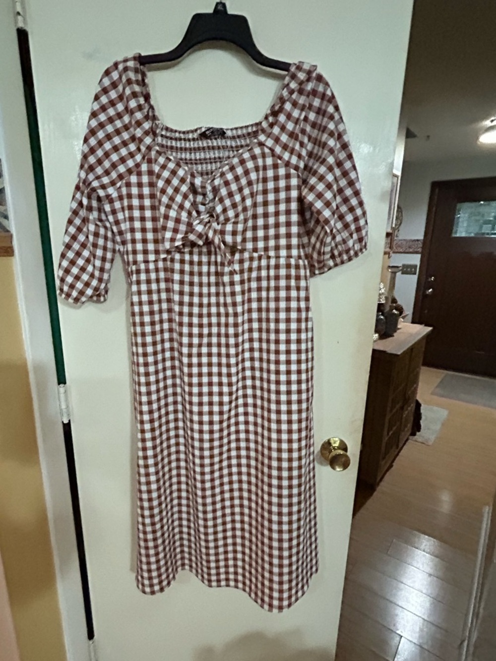 BloomChic Brown and White Gingham Midi Dress with Front Bow